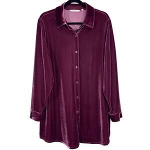 Soft Surroundings Velvet Velour Button Up Shirt Size 1X Plum Purple Fairy Artsy